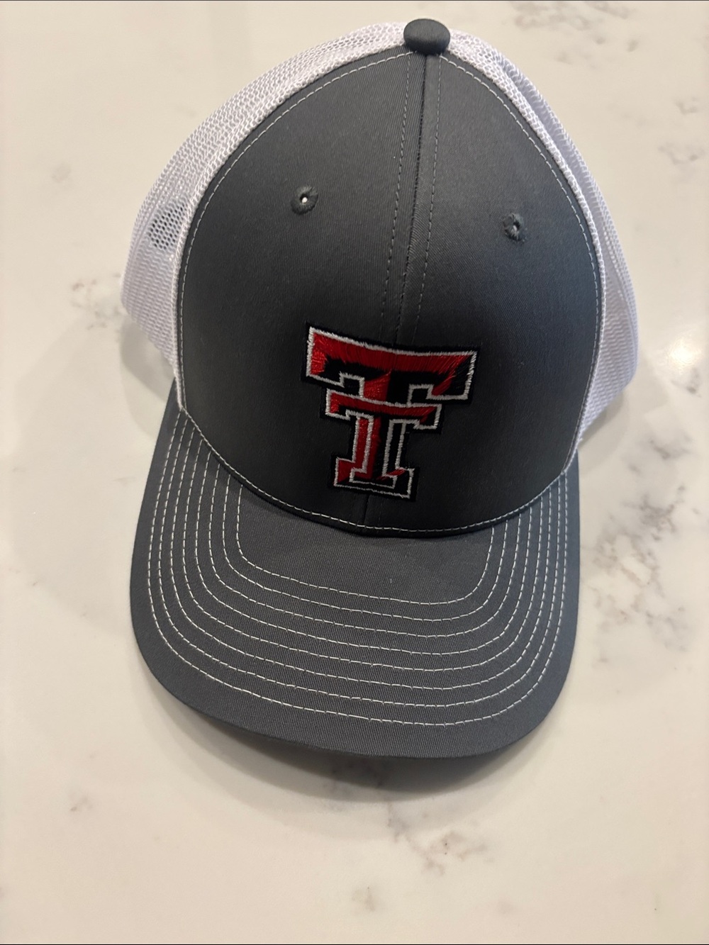 Texas Tech ❤️ Gray and White Trucker Hat with Red, White, & Black Double T Logo